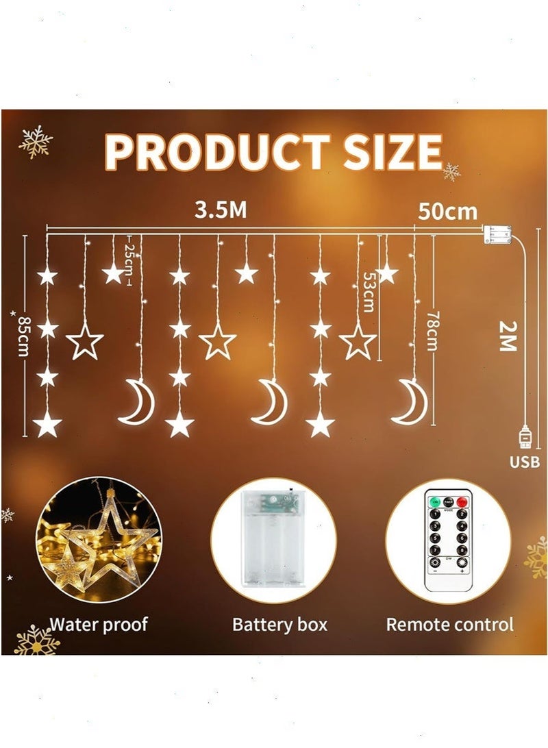 135 LED Ramadan Lights, Star Moon Ramadan Decorations with Remote & Dual Power (Battery/USB), Warm White Curtain Lights for Home Holiday Party Decor - Image 3